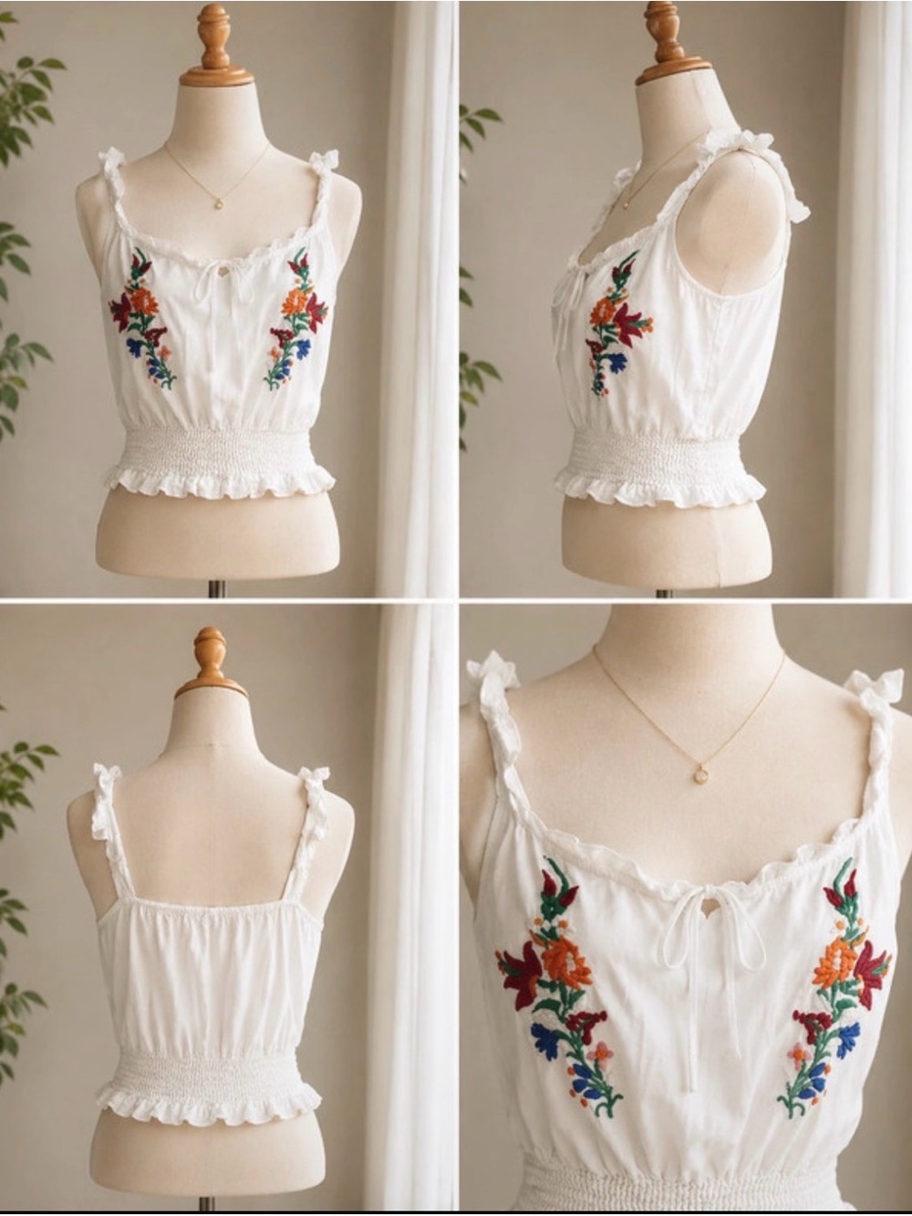 Poof! White Embroidered Floral Smocked Tank